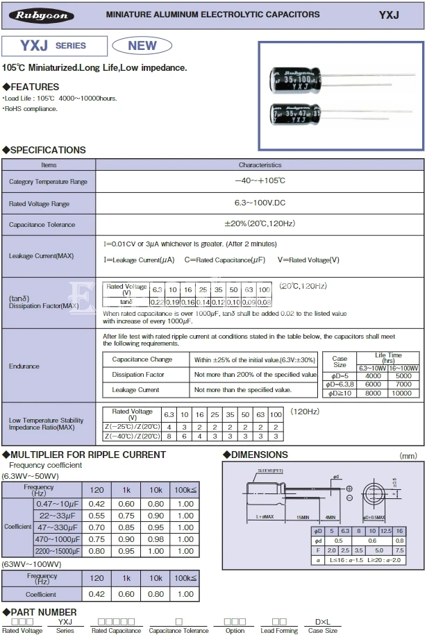 63V47UF YXJ 6.3X11 Aluminum Electrolytic Capacitor 63YXJ47M Original Rubycon Long Life Low Impedance 47uF 63V