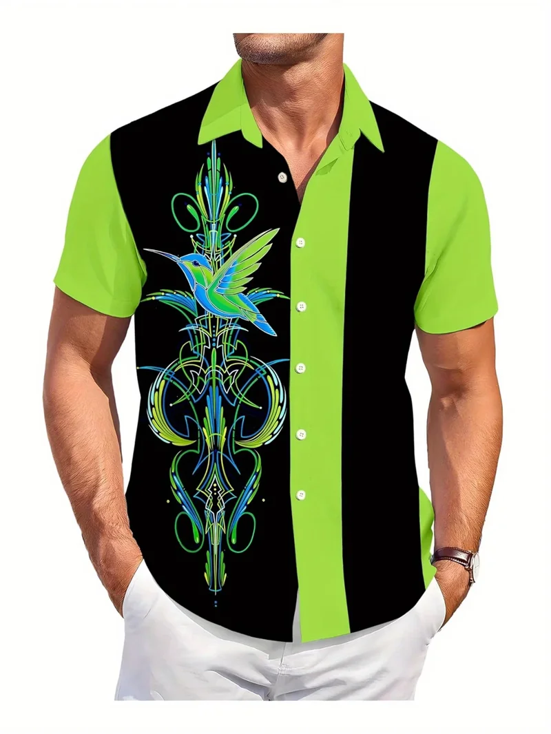 

Tribal Hummingbird Hawaiian Male Shirts Green Black Contrast Pattern Button Up Short Sleeve Summer Shirt Breathable Costumes