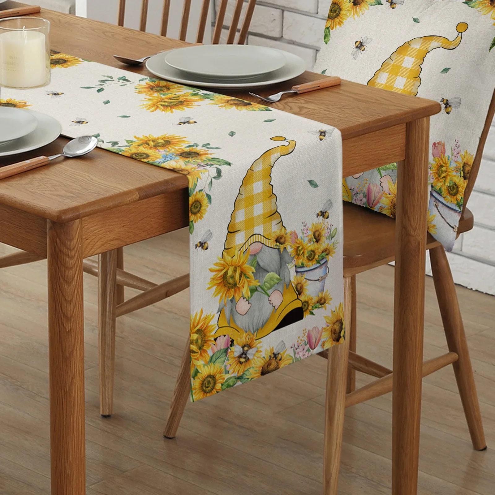 Retro Country Style Sunflower Gnome Linen Table Runners Kitchen Table Decoration Dining Table Runner Wedding Party Supplies