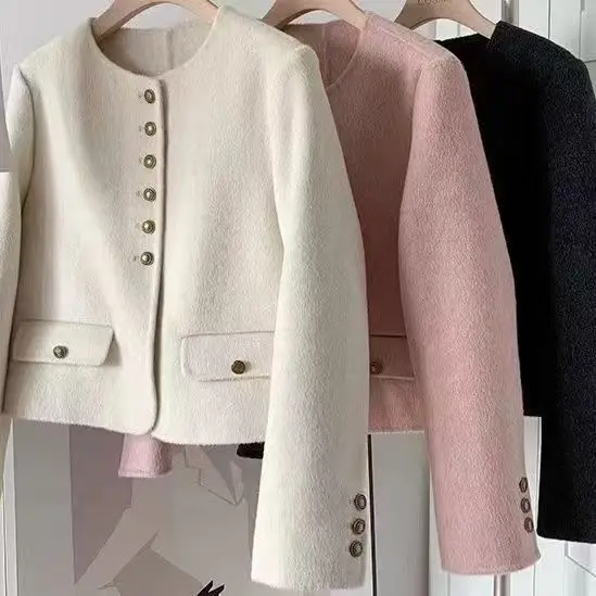 

Новое шерстяное пальто с небольшим ароматом, двустороннее короткое стильное пальто небольшого роста, плотное и теплое женское шерстяное пальто с круглым вырезом