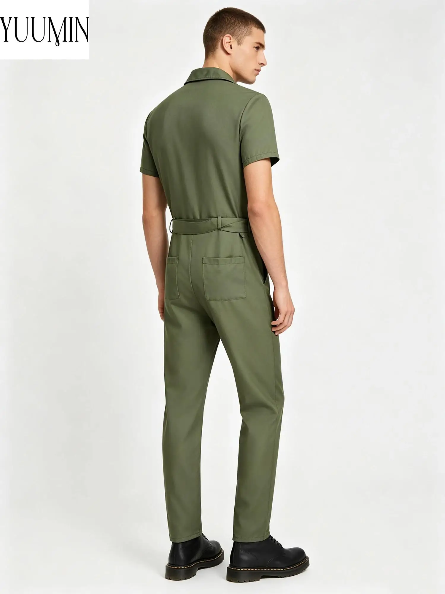 Men Multi Pocket Coverall Jumpsuit Short Sleeve Turn Down Collar Front Zipper with Belt Durable Breathable for Work Utility