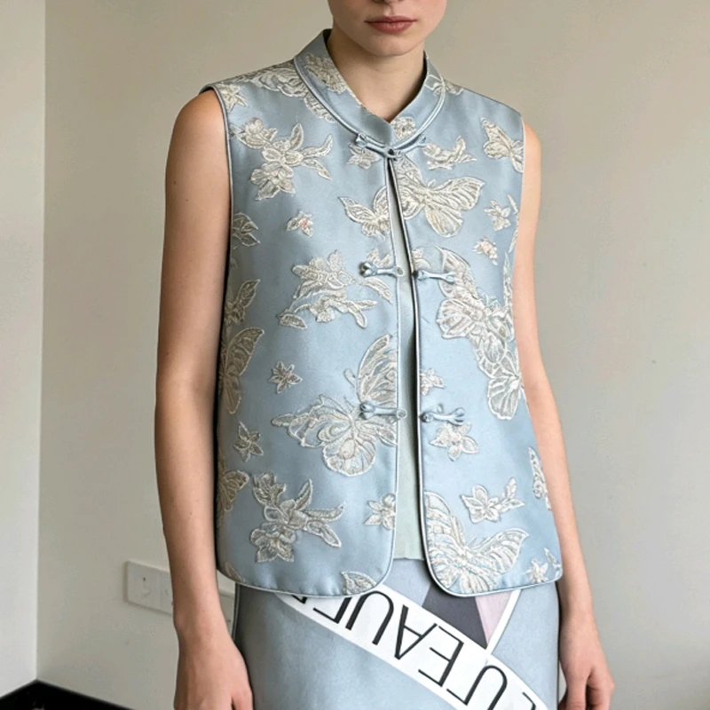 

Традиционный китайский жилет-кардиган с вышивкой бабочек, женский топ-ципао, винтажный жилет с воротником-стойкой, верхняя одежда в стиле Харадзюку