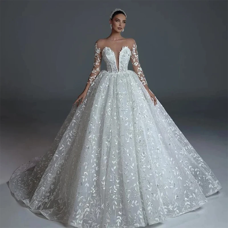 

Luxurious Wedding Dress Embroidery Lace With Beading Princess Ballgown Fullsleeve O-Neck Customized Bride Dress Vestido De Novia