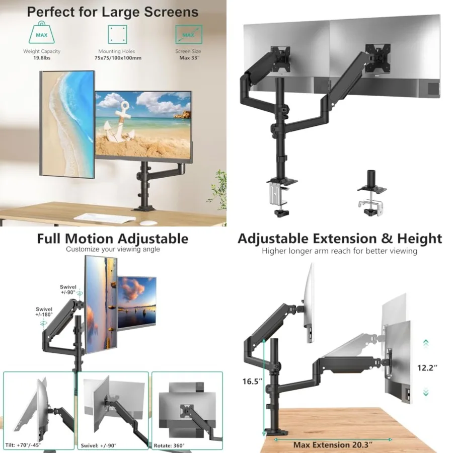 Dual Monitor Mount, 13-33 Inch Adjustable Dual Monitor Arm for Desk Holds Max 19.8 lbs Screens, Swivel Vesa Bracket with C Clamp, Grommet Mounting, Monitor Arms for 2 Monitors