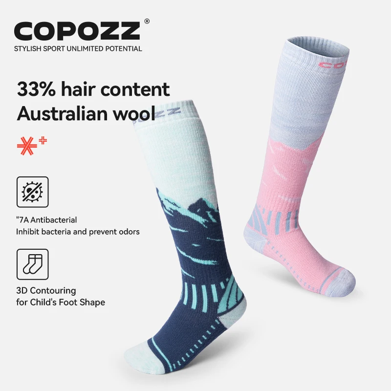 COPOZZ Calcetines de esquí de lana merina para niños, 1 par de calcetines térmicos cálidos de invierno, calcetines elásticos gruesos para esquí y snowboard para niños y niñas