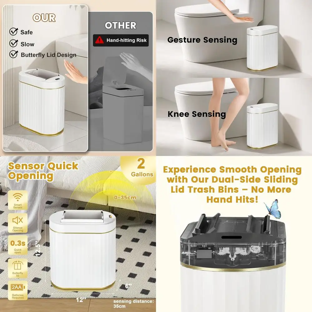 

Butterfly-Themed Motion Sensor Trash Bin with Lid for Bathroom, Kitchen, Living Room, and Office in White Gold