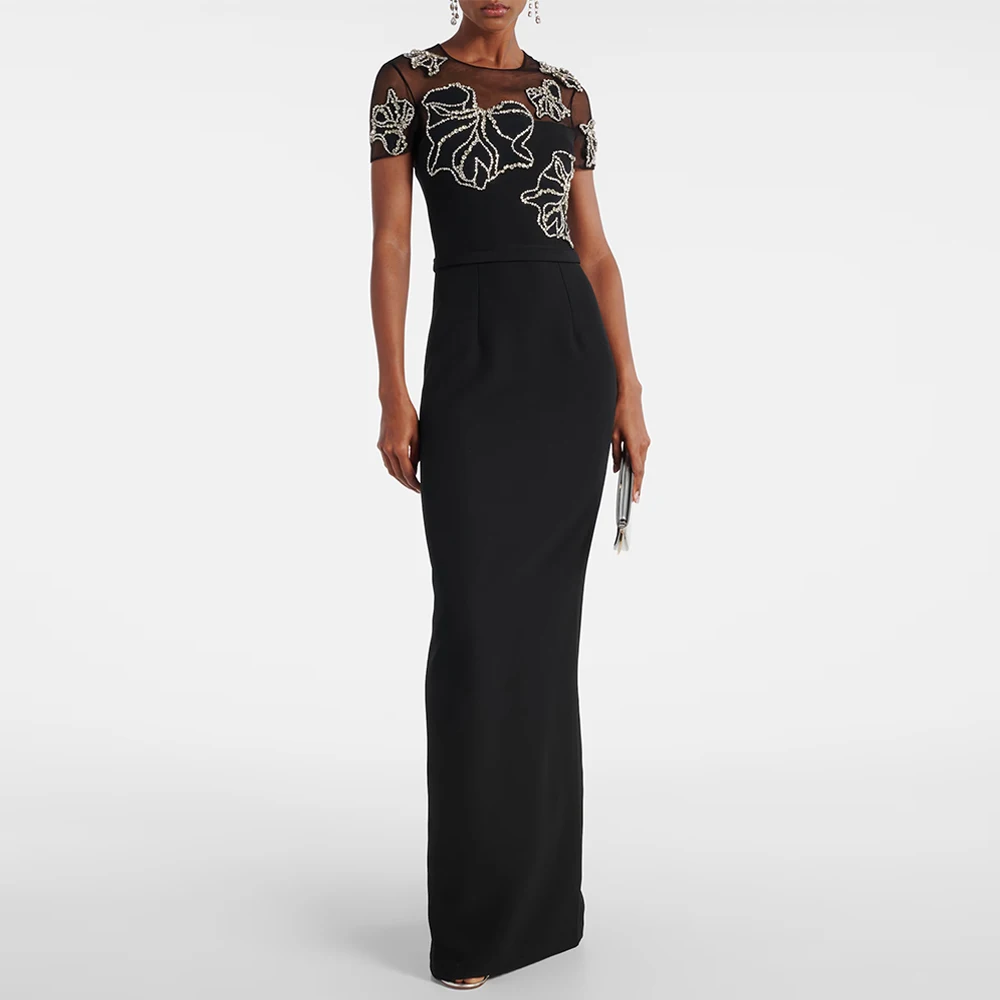 Short Sleeves Black Evening Dress Customized Round Neck Beading Crystal Floor Length Mermaid Party Gown Formal Prom Dresses