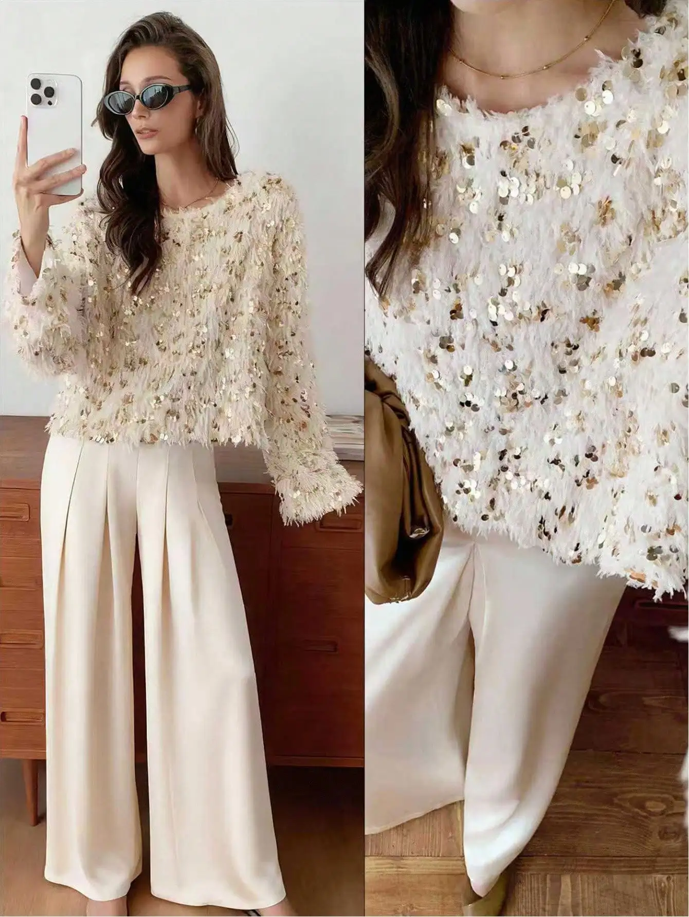 

Пушистый свитер с пайетками и круглым вырезом — свободный крой, элегантный зимний топ для женщин