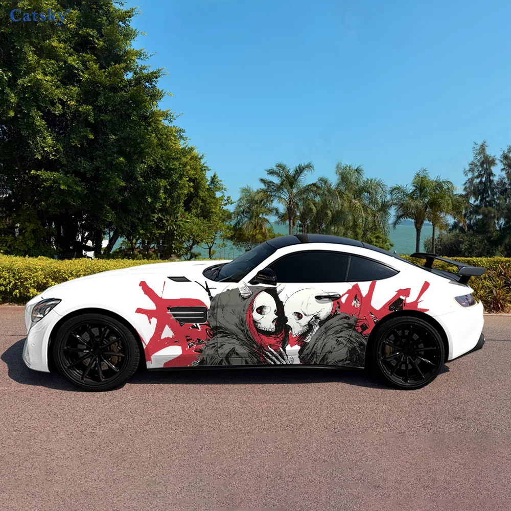 

Готический рогатый череп, брызги, автомобильные виниловые наклейки, самоклеящаяся наклейка из ПВХ, подходит для грузовиков, внедорожников, декор, автоаксессуары, подарок