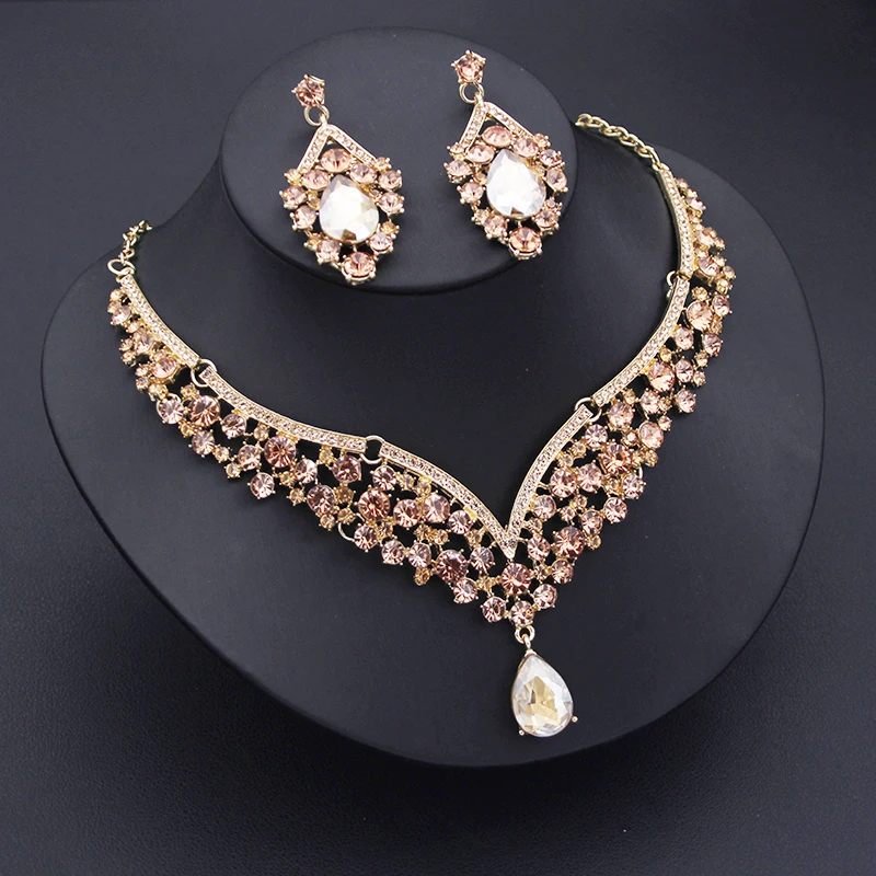 Champagne Crystal Wedding Choker Necklace Earrings Sets for Women Bridal Dubai Jewelry Sets Fashion