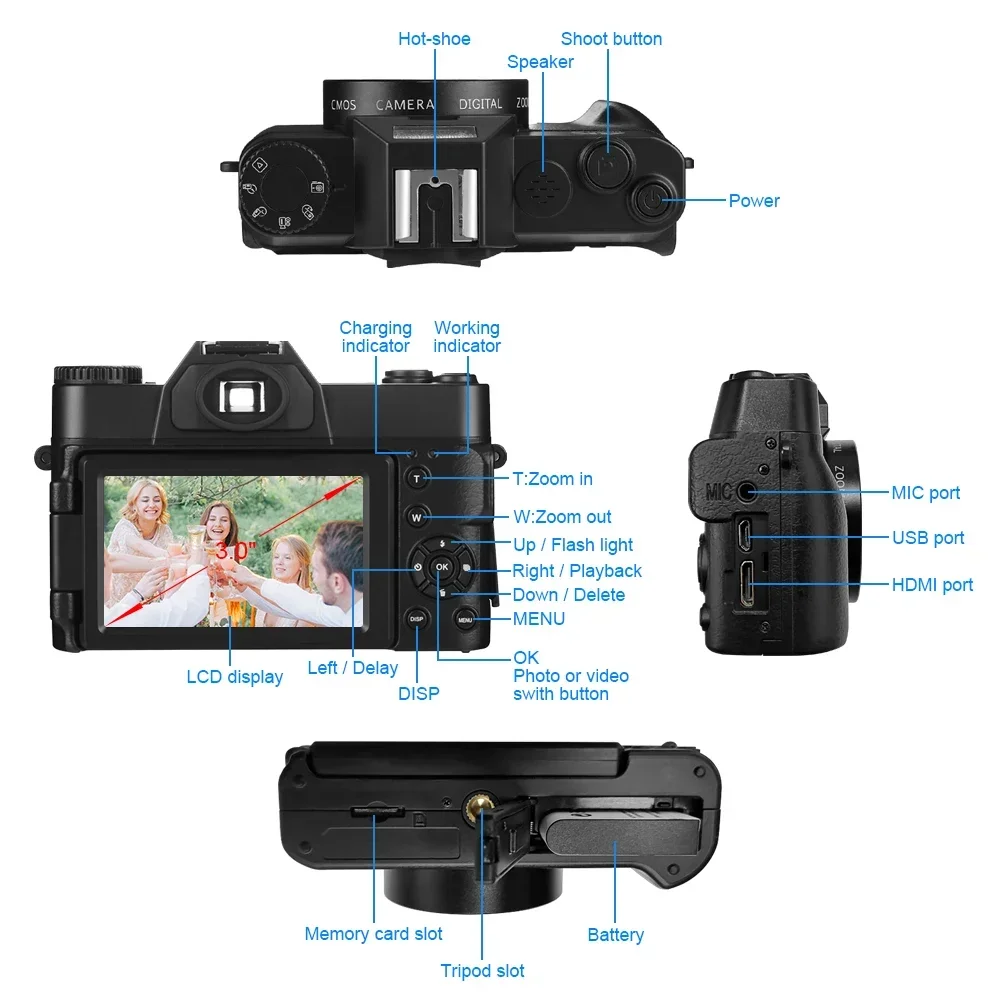 Caméscope d'appareil photo numérique professionnel, webcam WiFi, grand angle, n'aime numérique 16X, photographie 48MP, enregistreur à écran rabattable 3 pouces, 4K HD