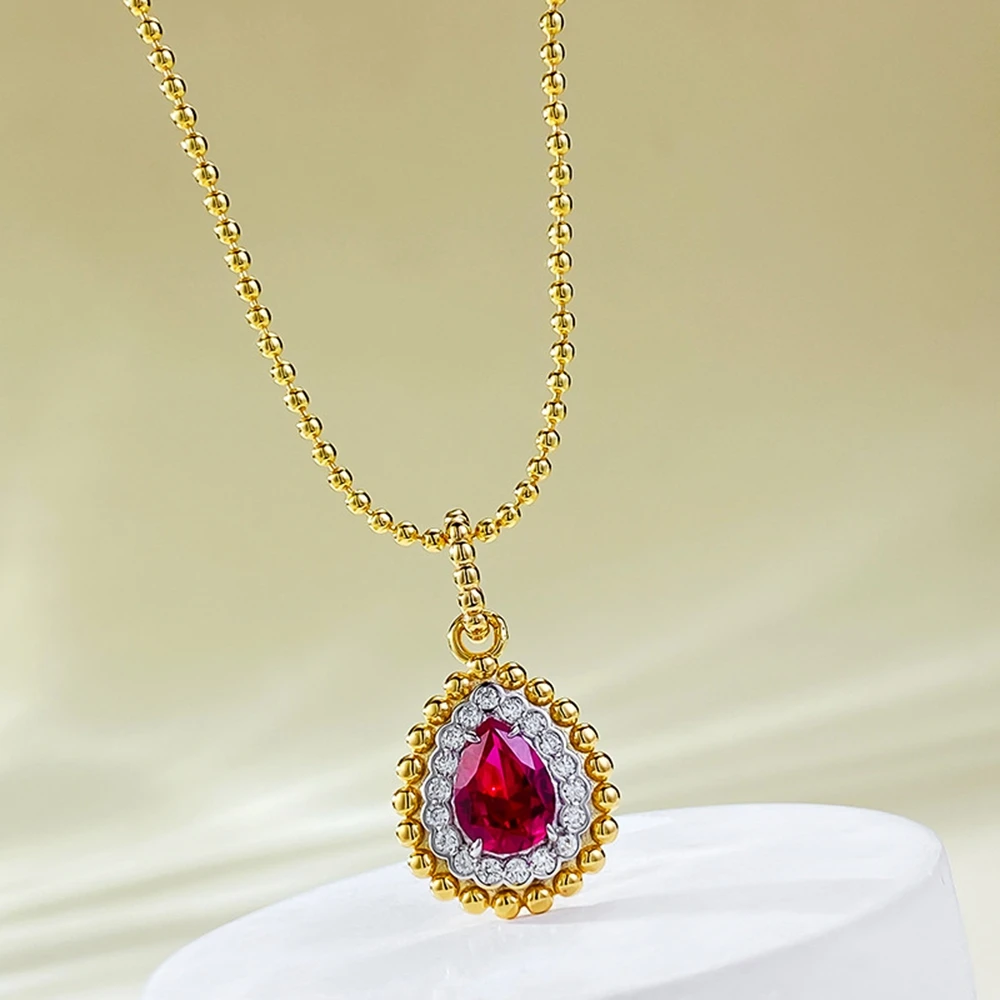 Wong Rain Vintage 18K Gold Plated 925 Sterling Silver 6*8 MM Pear Cut Ruby High Carbon Diamond Gemstone Pendant Necklace Jewelry