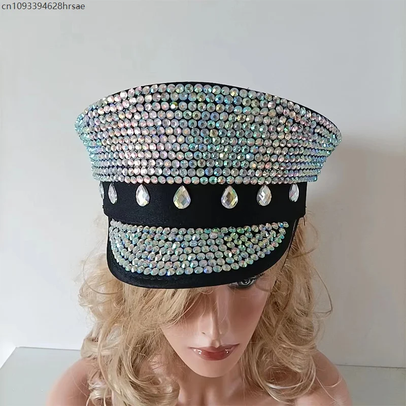 

Sequin Shinny Rhinestone Military Hat Novelty Shiny Sergeant Hat Captain Cap Party Carnival Flat Hats Performance Cap