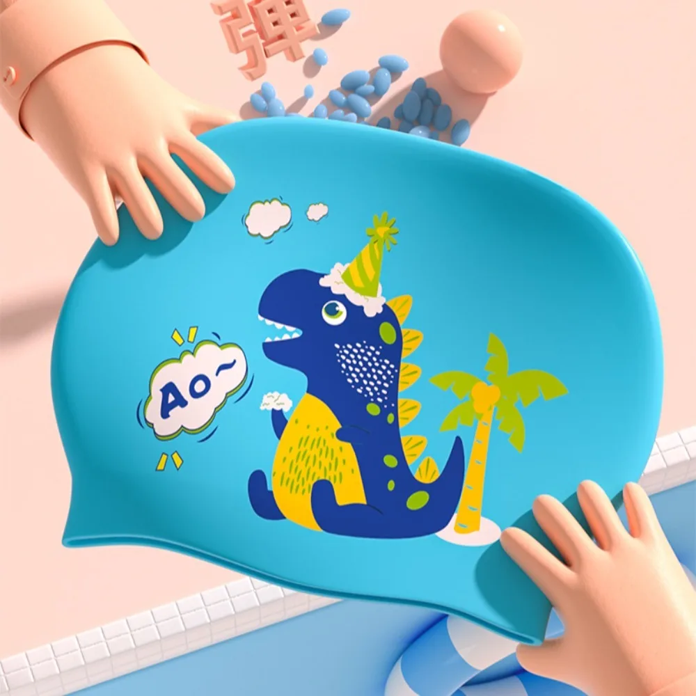 Cuffia da nuoto per bambini di dimensioni libere cappello da immersione impermeabile in Silicone flessibile protezione per le orecchie modello dinosauro copertura per cappello da piscina per bambini