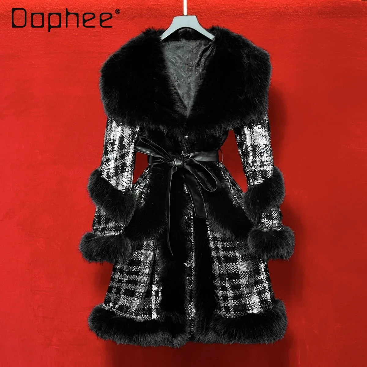 

European Style Elegant Socialite Sequin Shearling Coat Women Fashion High End Parka Thickened Warm Eco-friendly Fur Coat Female