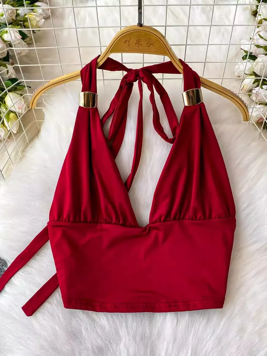 Foamlina mode haute rue Sexy dos nu col en V haut à licou femmes été Niche concepteur cravate coupe ajustée recadrée Blouse gilet