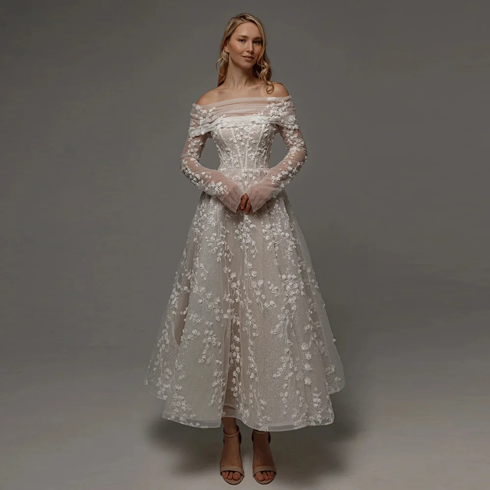 DLASSDRESS Customized Lace Applique 3D Flower Midi Wedding Dresses Long Sleeves Off the Shoulder A-Line Civil Bride Gown 2027