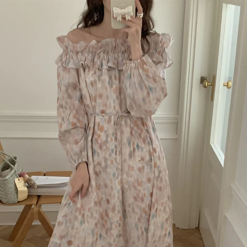 

Длинное платье с цветочным принтом на одно плечо с кружевной отделкой, свободного кроя, в корейском стиле, для весны, осени и зимы, женская повседневная одежда