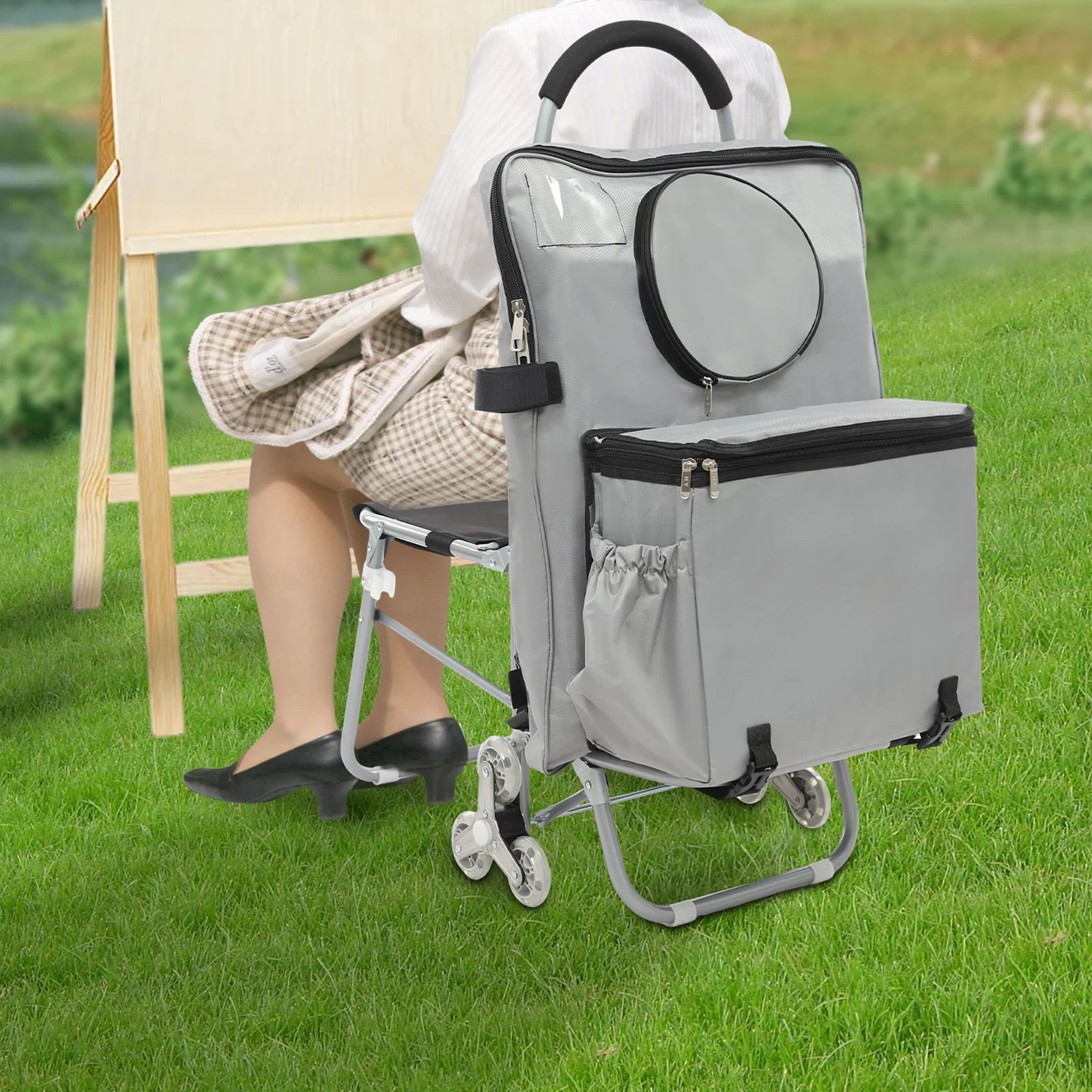 Portable Outdoor Sketching Backpack Cart Mobile Painting Station & Seat for Storage Drawing Board and Easel