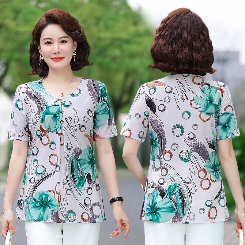 Ropa femenina ajustada a la moda elegante, camisetas holgadas informales que combinan con todo, blusa de manga corta con cuello redondo estampada