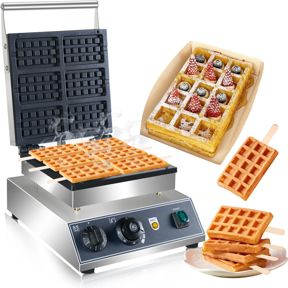 

Коммерческая электрическая вафельница, бельгийская вафельница, 6 сеток, 1600 Вт, прямоугольная вафельница с антипригарным покрытием, контроль температуры и времени
