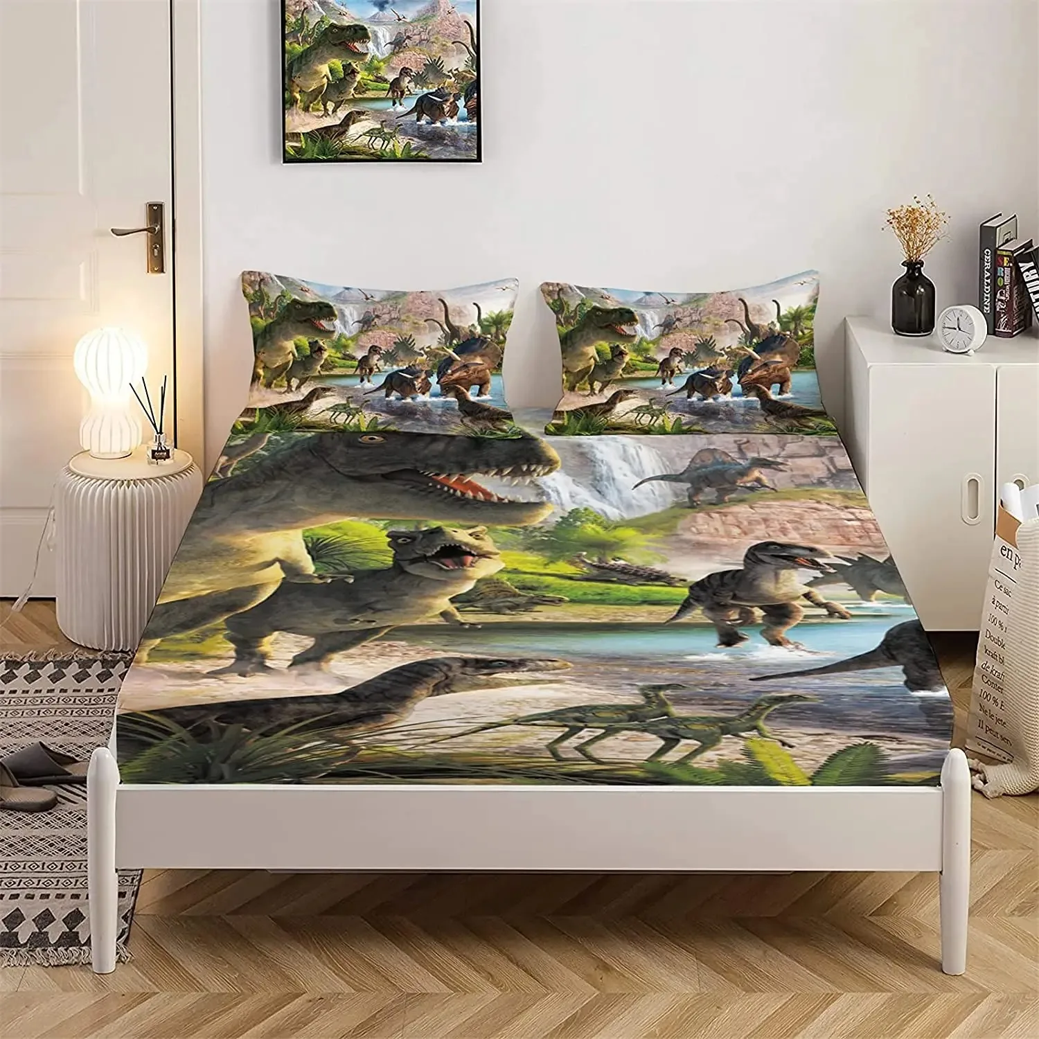 Dinosaurs printed Sheets Set for Boys 3D Realistic Dinosaur Green Fitted Sheets Set Kids Adults Teens Bedroom 3pcs Bedding Sheet