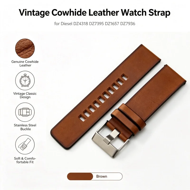 Premium Classic Vintage Cowhide Leather Watch Strap for Men for Diesel DZ4318 DZ7395 DZ1657 DZ7936 Brown Replacement Wristband