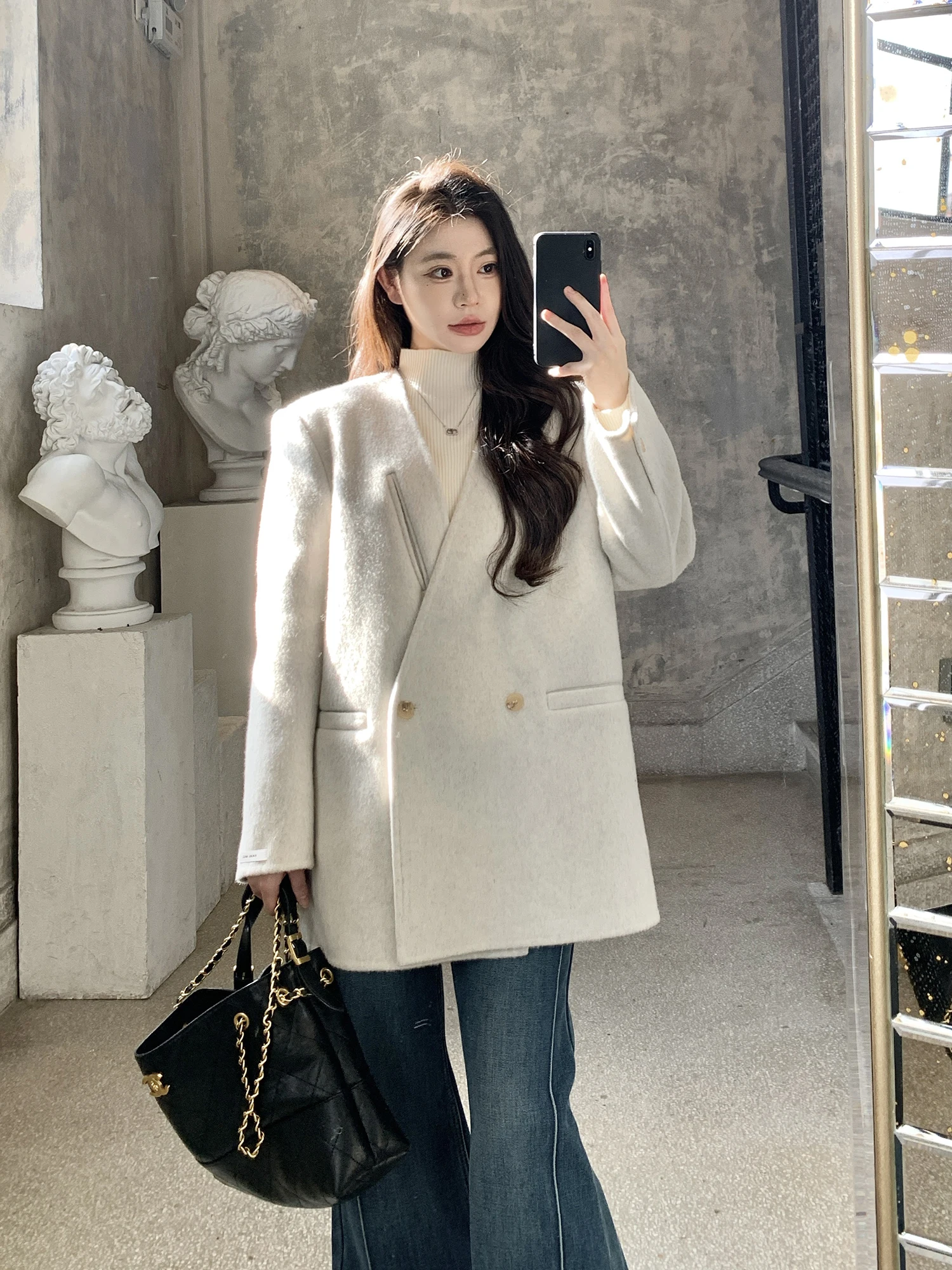 

Шерстяное пальто Withmxboom ey Home 00 из австралийской шерсти для женщин: зимняя элегантность, модная свободная верхняя одежда, длинный рукав, средняя длина