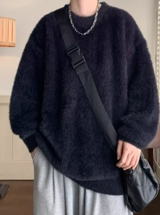 

American Sle Thiened Soft Mink M Sweater Winter Leisure Knitted Loose Sle Casual Basic round Ne Pullover Sweater