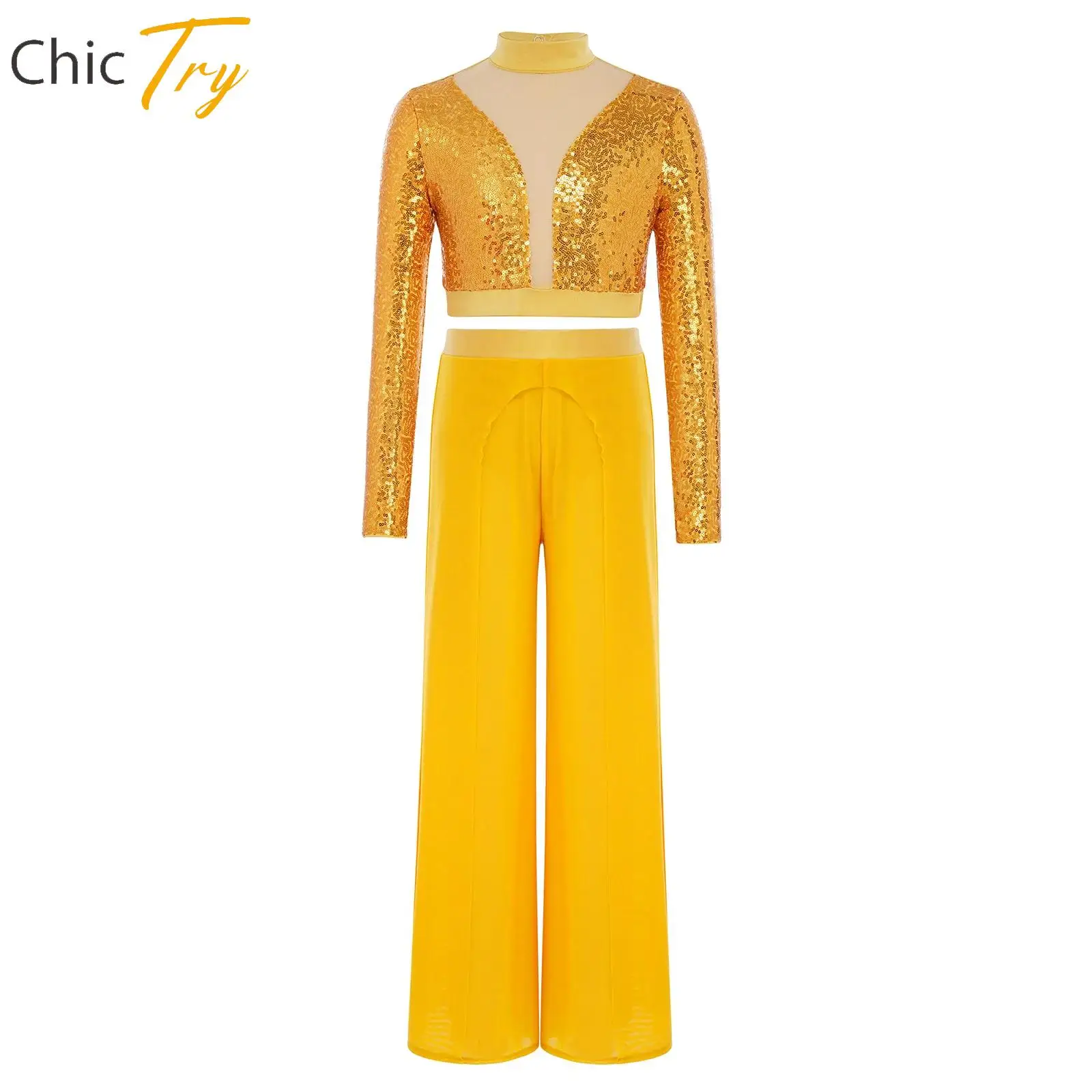 

Girls Modern Lyrical Dance Sets Gymnastics Ballet Dance Performance Outfit Long Sleeve Cutout Back Sequins Crop Top+Pants Sets