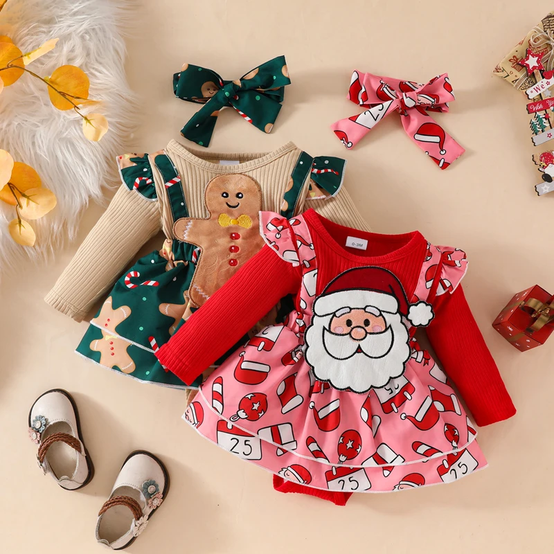 Baby Girls 2Pcs Christmas Outfits Long Sleeve Santa/Gingerbread Romper Dress + Headband Set Newborn Clothes