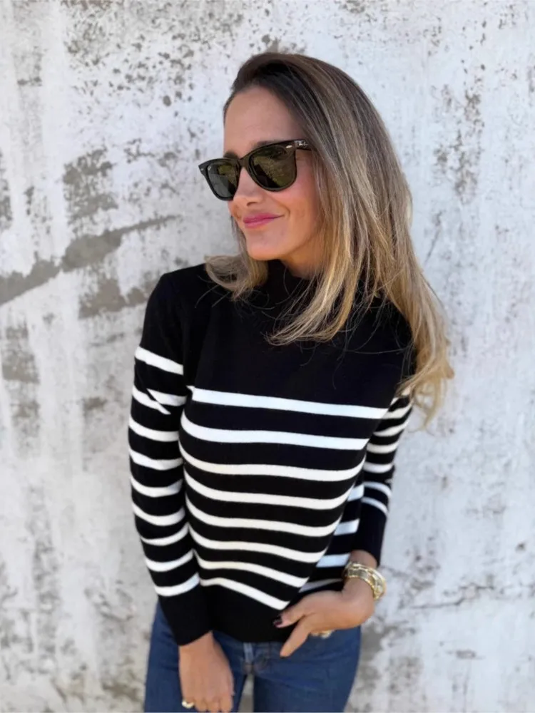 Autumn Winter New Knitted Striped Loose Sweater Women's High Collar Overhead Shoulder Button Sweater Female Fashion Pullover