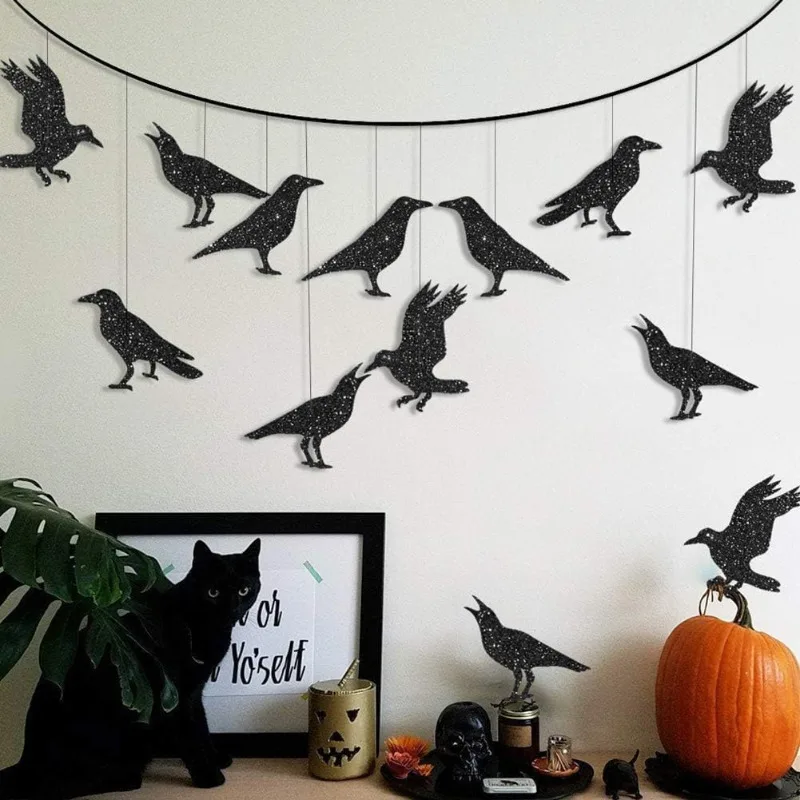 32Pcs Glitter Black Crow Raven Banner Halloween Hanging Paper Bird Bunting Flags Garland Kids Happy Halloween Party Decorations