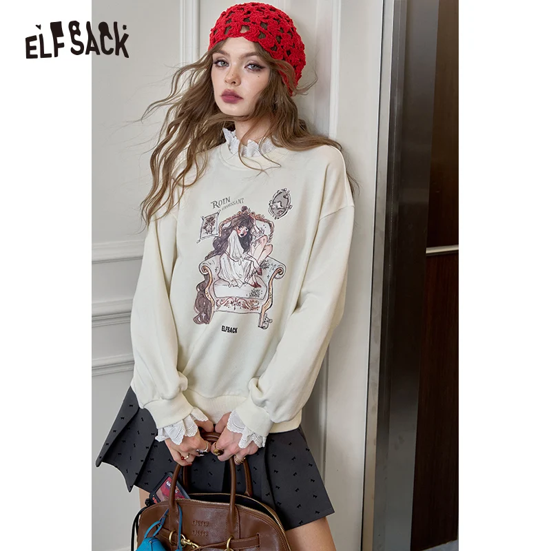 ELFSACK 2024 Autumn New Arrive Lace stitched casual printed round neck hoodie for women, loose fit and slimming top