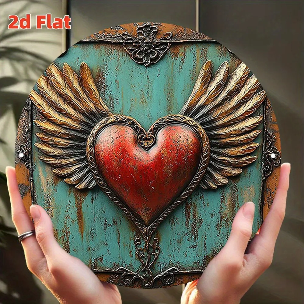 KINSPORY 2D Angel Wings Heart Wall Art, Romantic Metal Sign with Red & Gold, Durable Indoor Outdoor Hanging Decor for Bedroom We