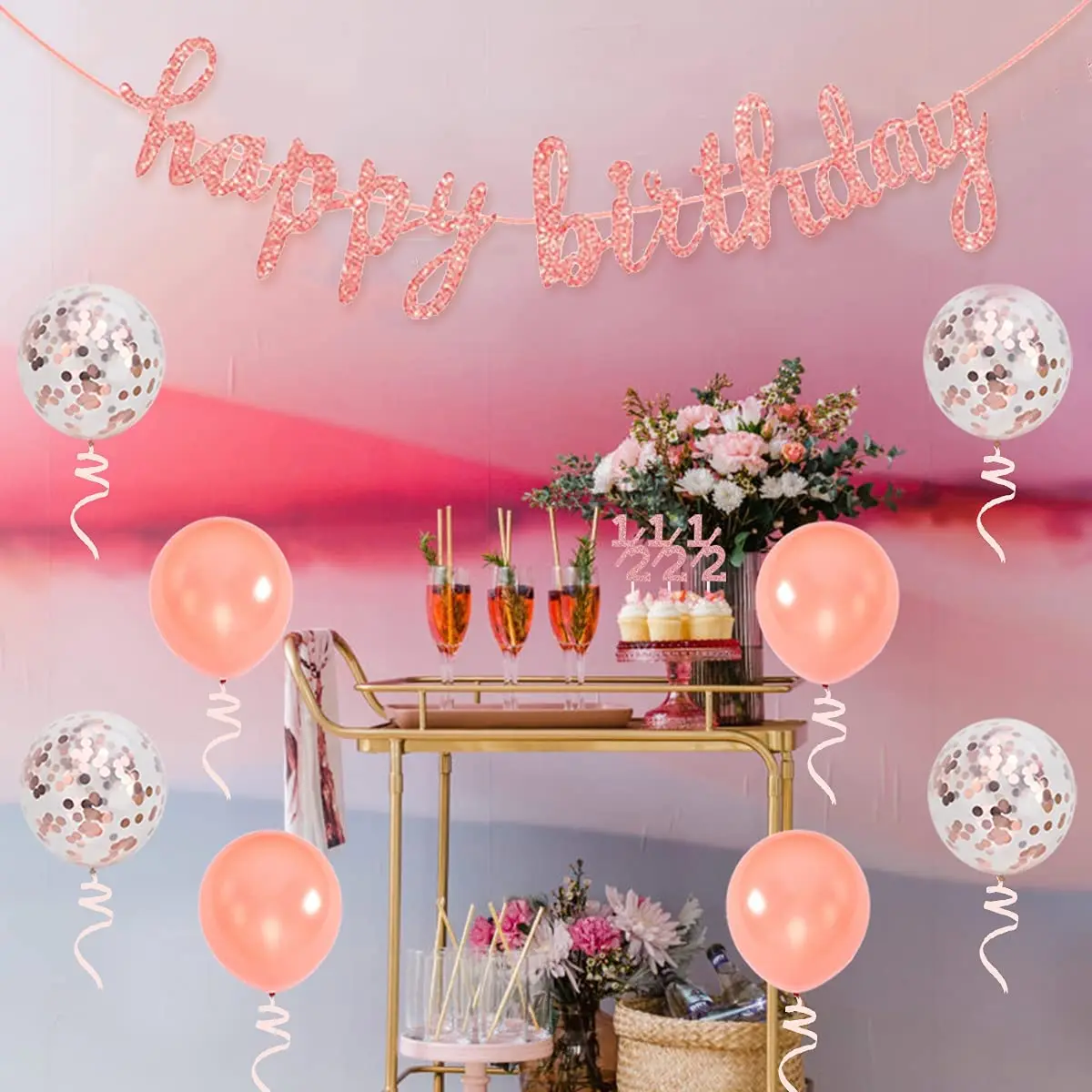 Half Birthday Decorations for Girls Rose Gold 1/2 Cake Topper Balloons Happy Birthday Banner 6 Months Birthday Party Supplies