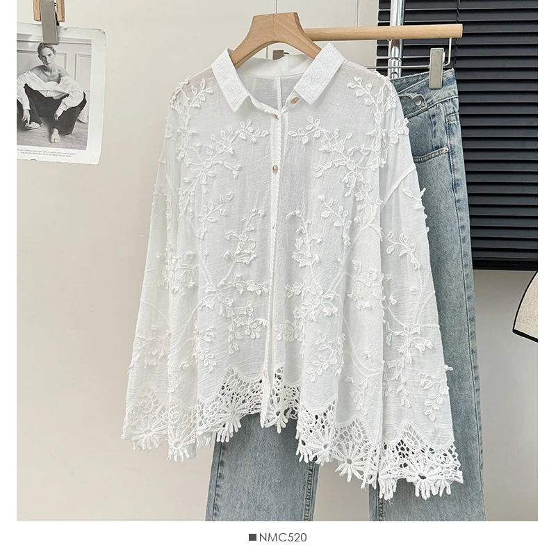 

Embroidery Stereo Jacquard Gentle Blouses Single-breasted Lace Patchwork Age Reducing Blusas 2024 Spring Autumn New Chic Shirts