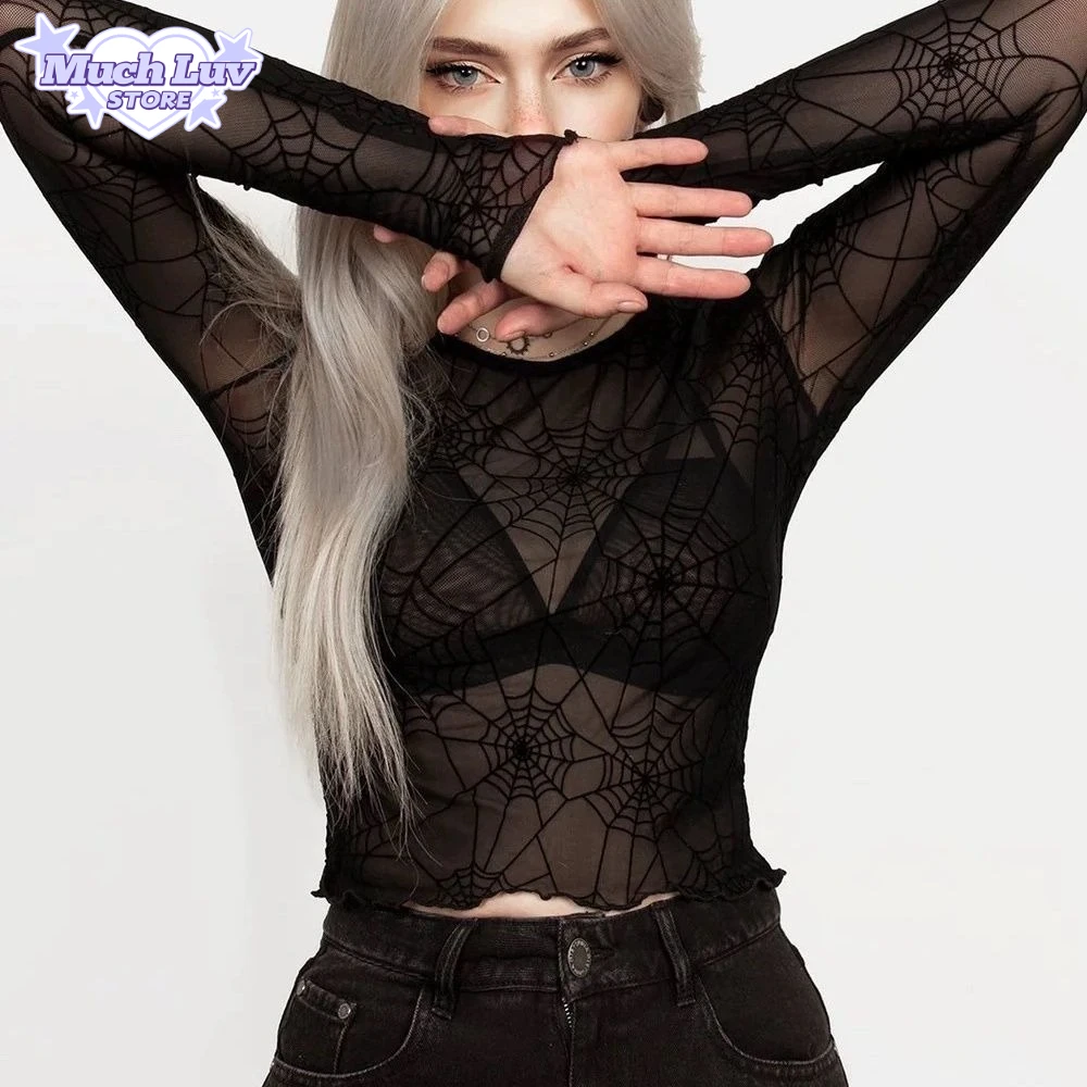 

Dark Gothic Spider Web Tulle T-shirt Women's Clothing Summer Fashion Hot Girl Long Sleeve Top Sexy Slim Fit T-shirt Streetwear