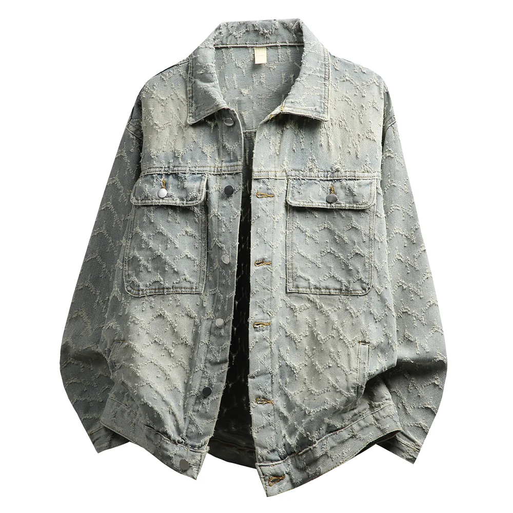 Chaqueta vaquera para hombre, abrigo vaquero de algodón tejido Jacquard holgado informal, ropa de abrigo con cuello de solapa rasgado azul Vintage