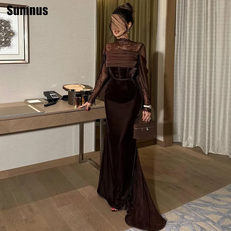 

Sumnus Charming Mermaid Brown Prom Dresses Lace Pleats High Neck Floor Length Evening Dress فساتين سهرة Customized