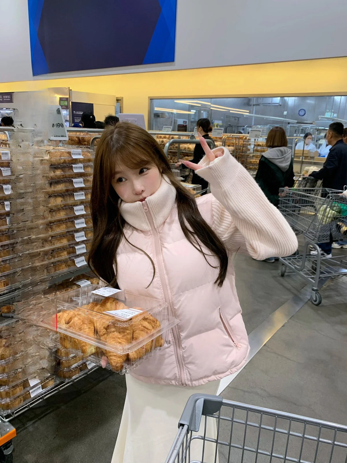 

Lukira Pink Cotton Cloud Soft Stand Collar Bread down Jaet Women's Winter Patchwork Knitted Top Sweet Sle Pure Color