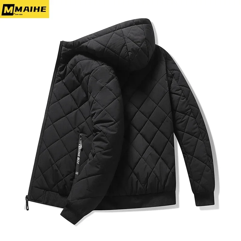 Jackets for Men with Hood Autumn Winter Cotton Padded Jacket Men Fashion Clothing Rhombus Texture Casual Parkas Plus Size 5XL