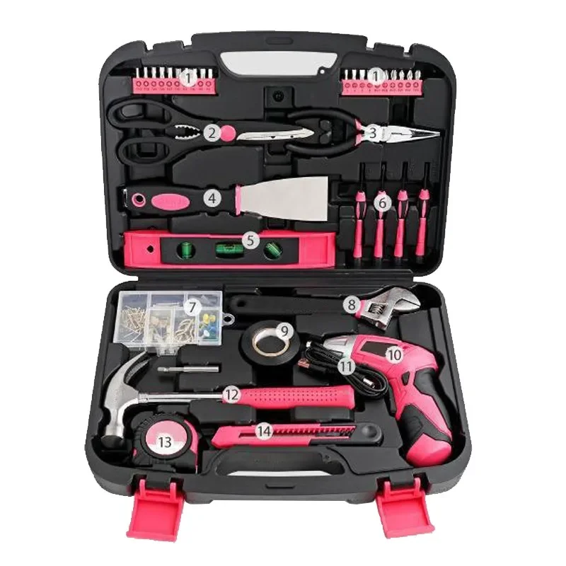 

135 Piece Household Tool Kit Pink with Pivoting Dual-Angle 3.6 V Lithium-Ion Cordless Screwdriver Hand Tool Kits for Women