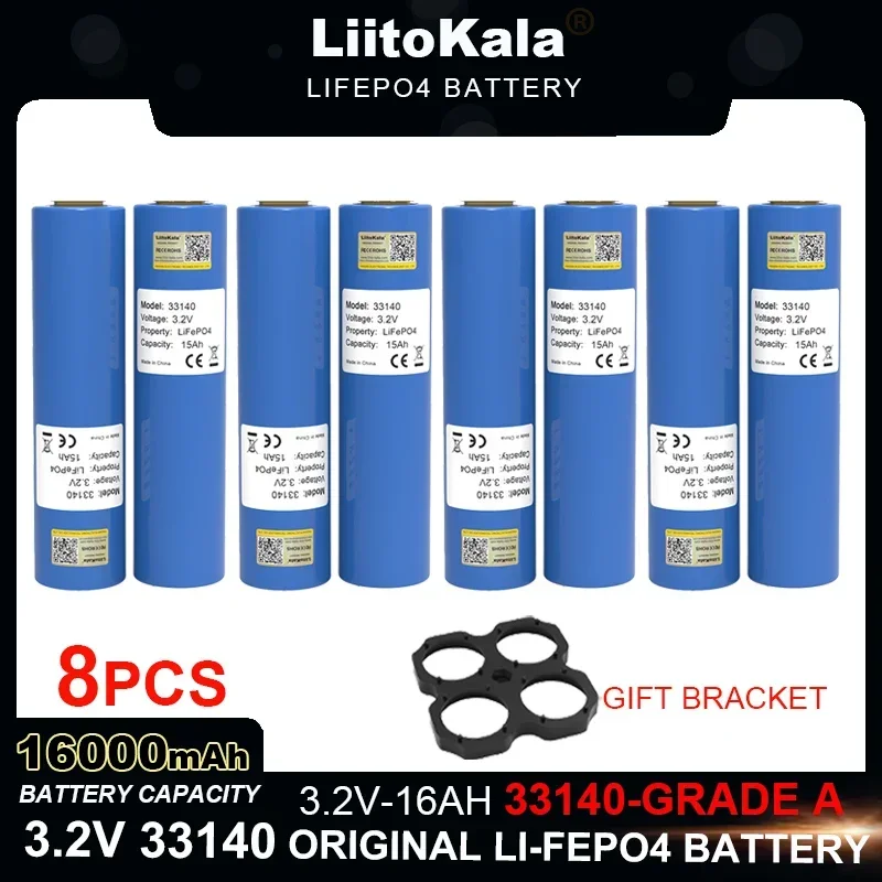 

8pcs LiitoKala 3.2V 33140 16Ah lifepo4 Battery Lithium iron phosphate for 4S 12v 24V RV E-scooter power tools batteries +Nickel