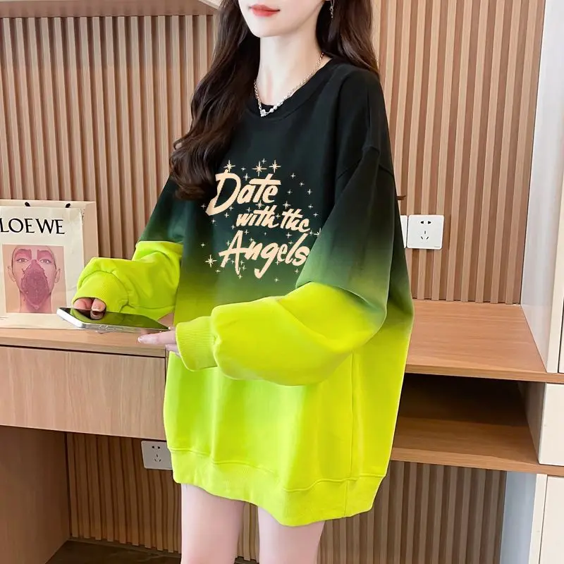 American 2024 Spring Autumn Women\'s New Splicing Printed Letter Fashion Versatile Medium Long Loose Gradient Long Sleeve Hoodie