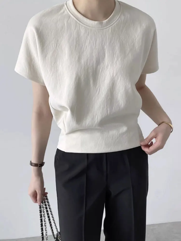 

Simple round Ne ort Sve T-irt Pure Color Base irt Korean Sle Casual Waist Inward Summer Faion Top for Women