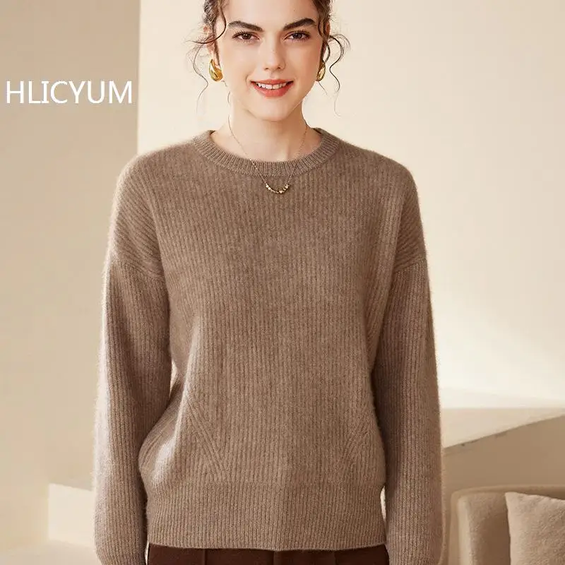 

Autumn/Winter New Women's 100% Pure Cashmere Sweater Solid Casual Knitted Hoodie Round Neck Tops Loose Jumper Thickened Warmth