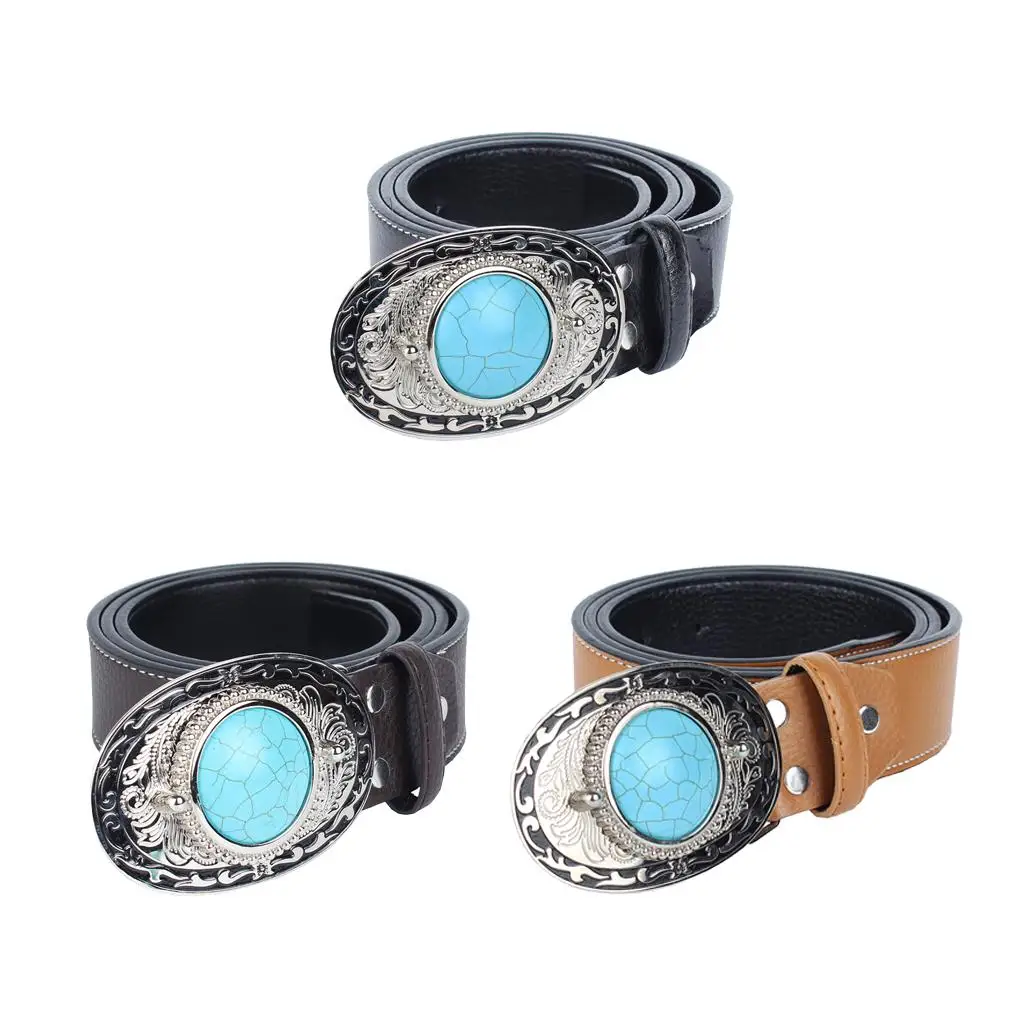 PU Leather Waistband Waist Strap with Turquoise Carved Pattern Metal Buckle