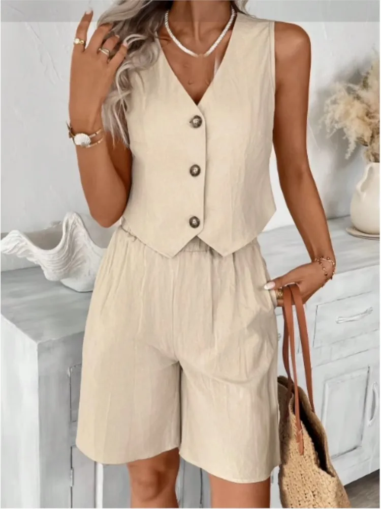 

Summer Casual Solid Two Piece Sets Women's Fashion Sexy V-neck Sleeveless Vest Tops + Shorts Suit Woman Cotton Linen Buttons Set