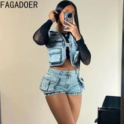 FAGADOER Light Blue Fashion Denim Pocket Streetwear Women Sleeveless Jacket Vest + Shorts Two Piece Sets Summer New 2pcs Outfits